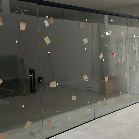 Porta de vidro temperado de correr com puxador e trilho superior, instalada pela CCS Vidros.
